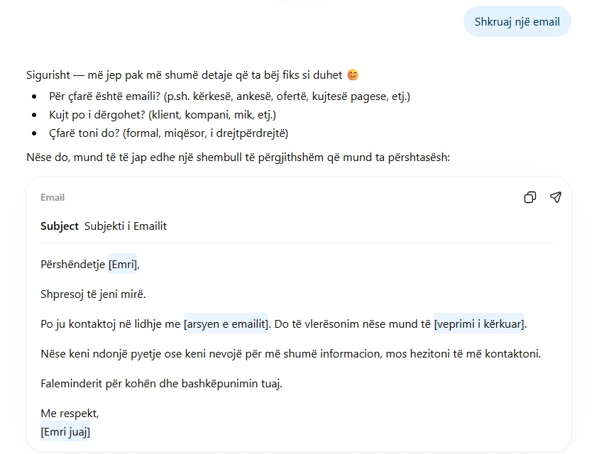 ChatGPT përgjigje e dobët nga prompt i përgjithshëm në shqip